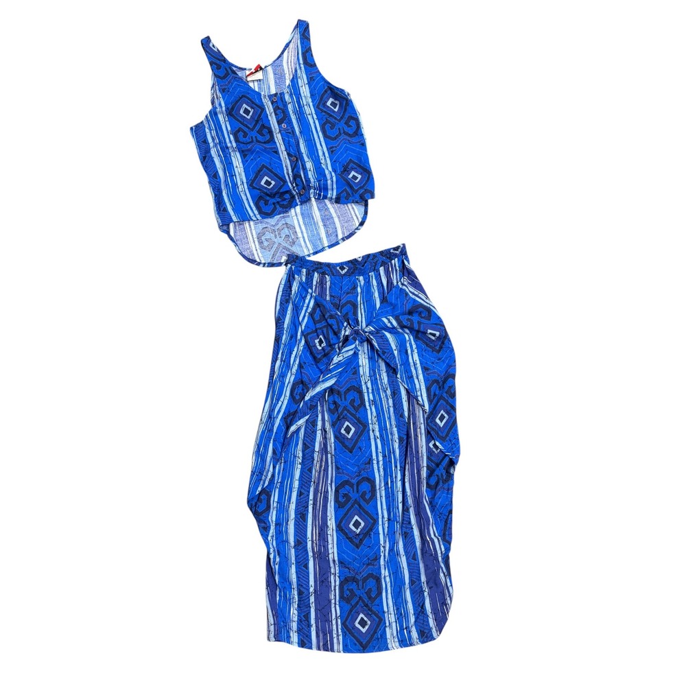 Vintage Contempo Casuals Blue Geometric Print 2 Piece Skirt and Tank Set Small